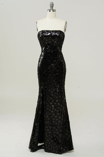 Vestido de lentejuelas negro sin tirantes sirena